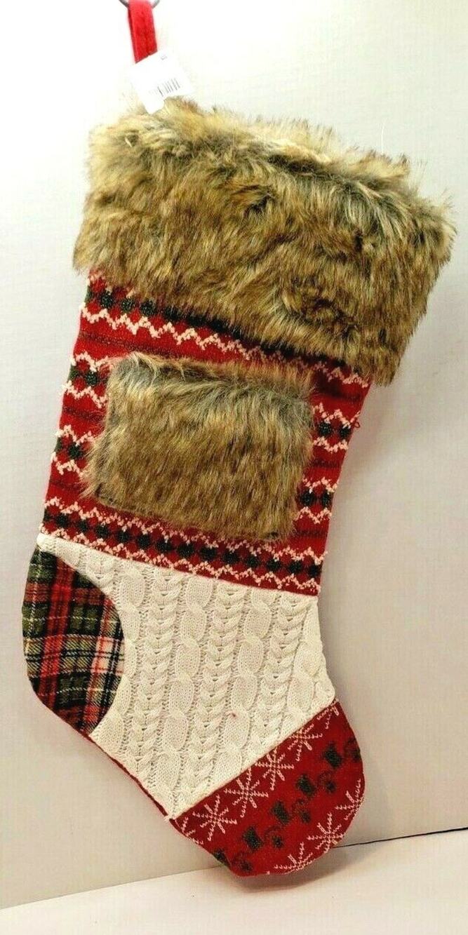 21" Red Traditional Plaid & Fur Country Christmas Stocking New Cabin Lake Rural